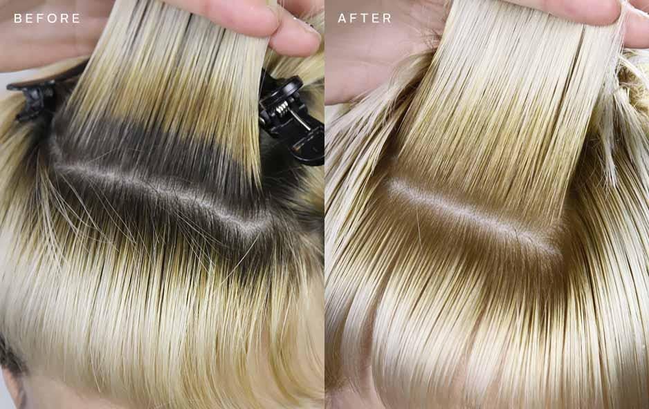 level 6 medium brown to a level 9 blonde, brown roots to blonde