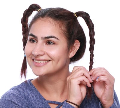 Braid each ponytail and secure with a hair band