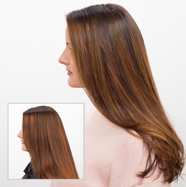woman with brown hair before and after hair toner