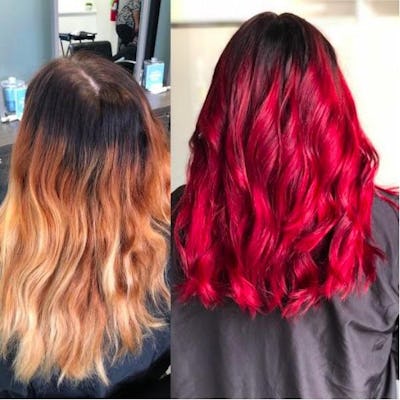 woman with hair color before and after