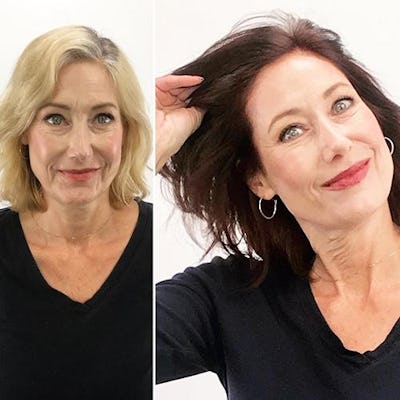 does dark hair age you? Woman before and after hair color
