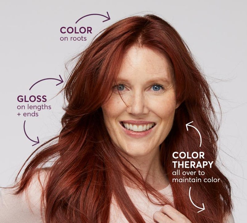 Color on roots, Gloss on lengths and ends, Color Therapy all over to maintain color